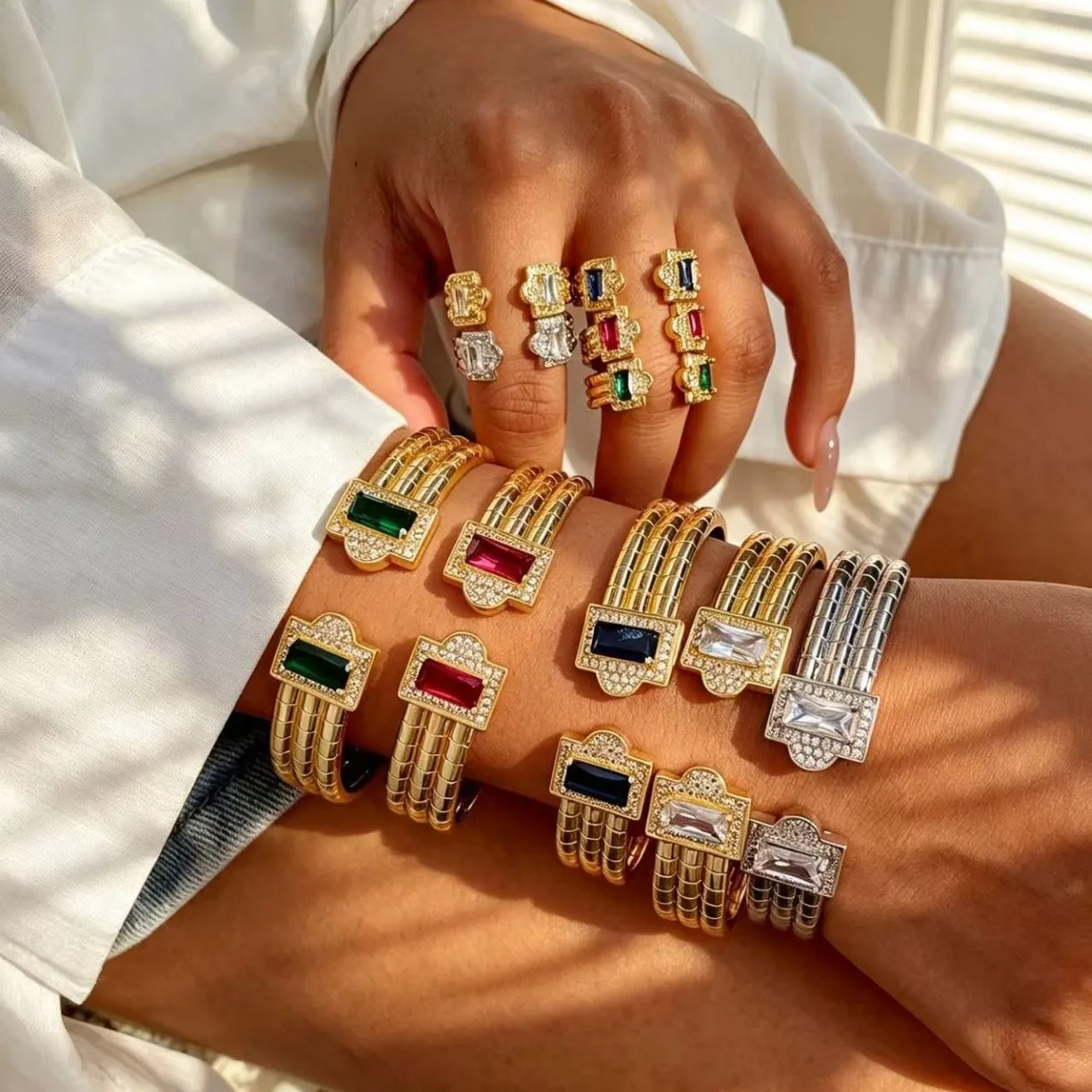 Luxury Roman Pattern Colorful Diamond-studded Bangles and Ring Set - Electroplated Gold, Tarnish-resistant, Open-end Bracelet