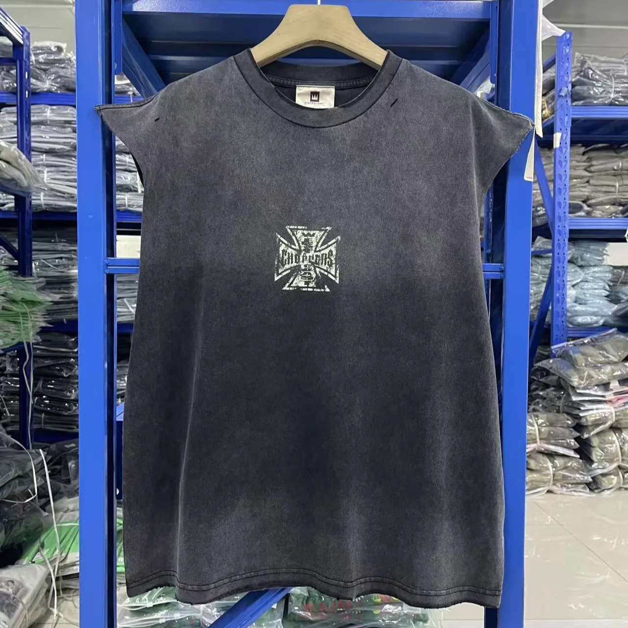 

American streetwear West Coast Choppers skull cross-over West Coast washed and distressed T-shirt vest