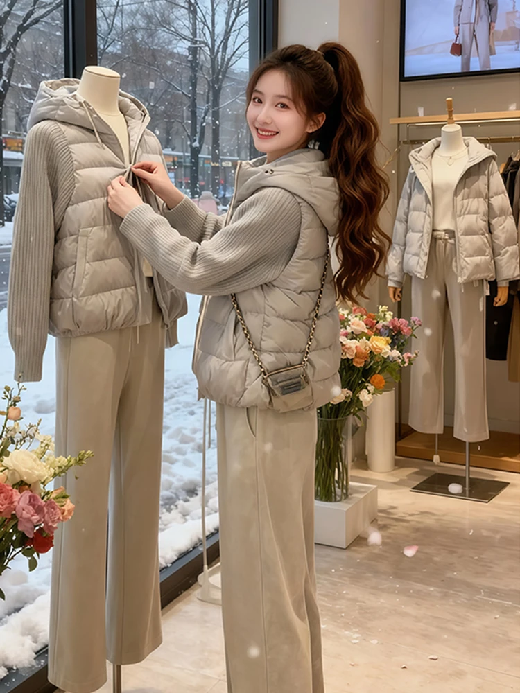 

Korean Style Hooded Knitted Lightweight down Cotton Jacket Women Winter Short Loose Warm Bread Style Cotton Outerwear