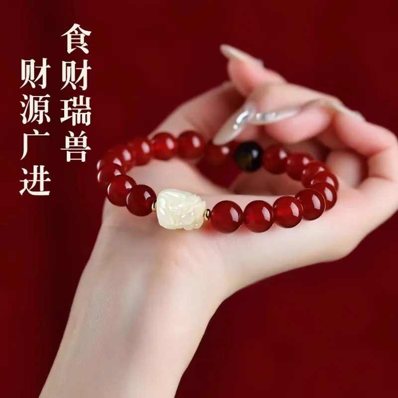 الطبيعية Hetian اليشم Pixiu زودياك جوهرة الميلاد بوذا محظوظ حبة سوار للرجال والنساء العقيق الأحمر مجوهرات مُزينة بالخرز HandString