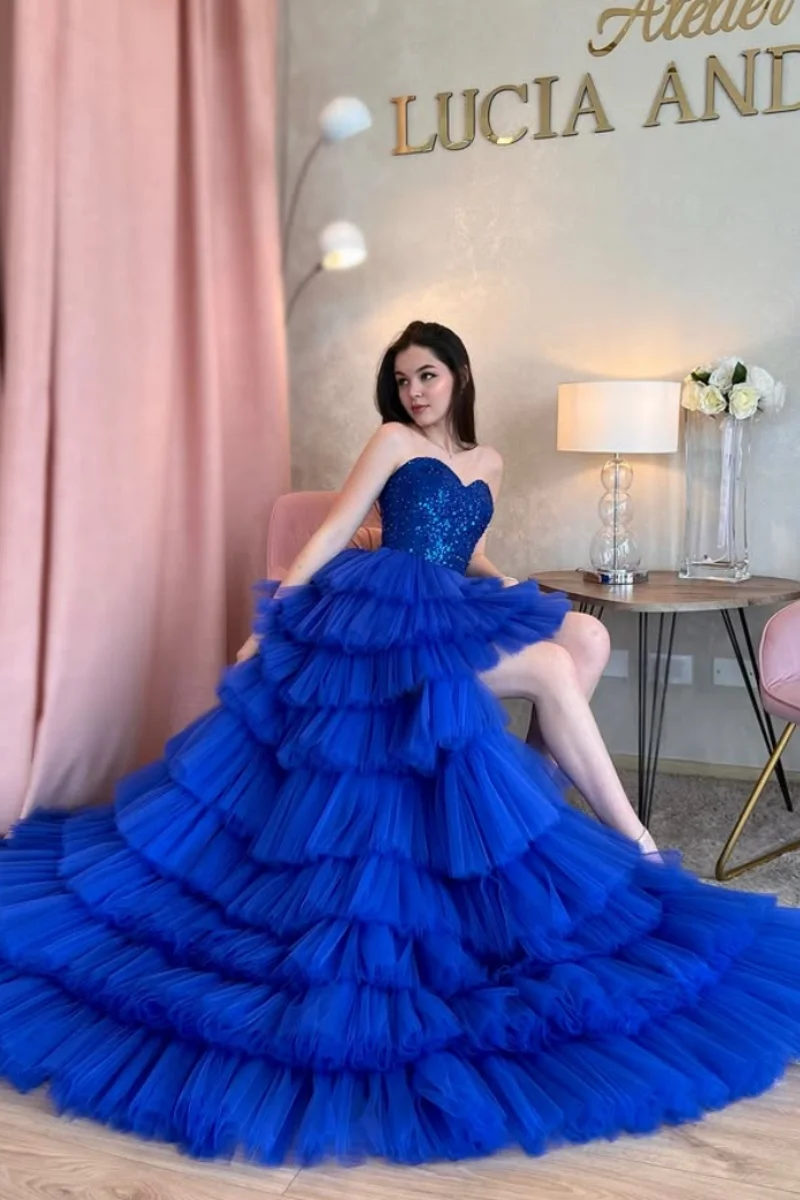 Jessica Glitter Sequins Evening Dresses High And Low Tulle Multi-layer Prom Dresses Blue Robes De Soirée Customized 2025