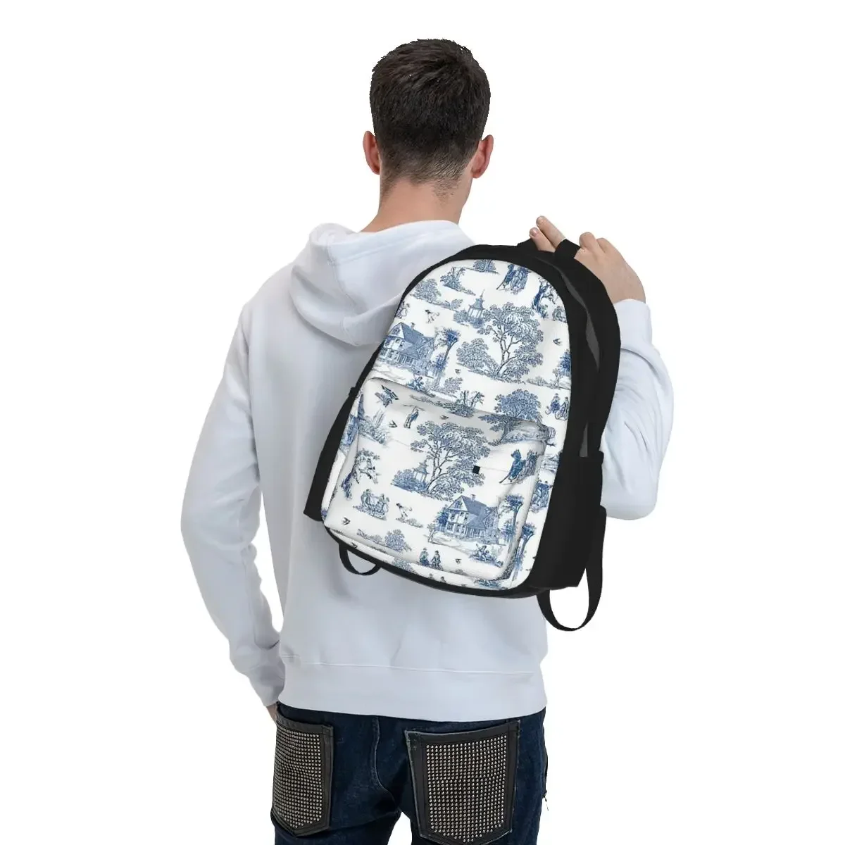 Toile De Jouy French Motif Student Backpack School Bag Hiking Travel Daypack for Men Women Bookbag Shoulder Bags