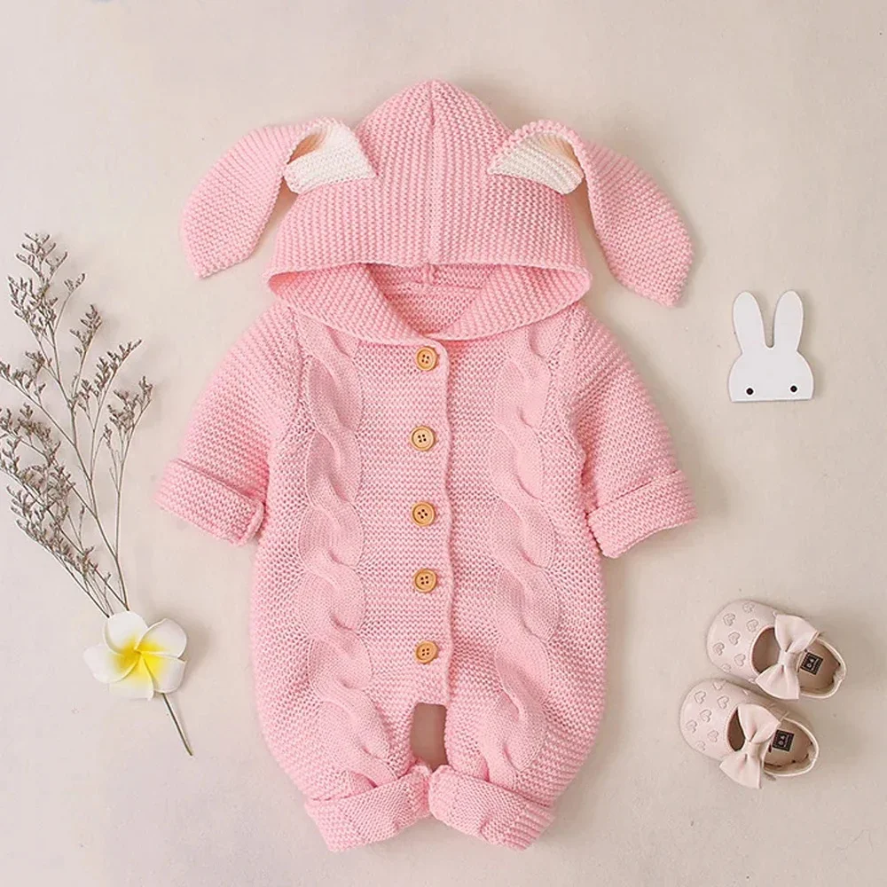 Spring Autumn Baby Romper Infant Bunny Ears Hooded Onesie Toddler Boy Girl Knitted Jumpsuit Solid Rabbit Button Pajamas Homewear