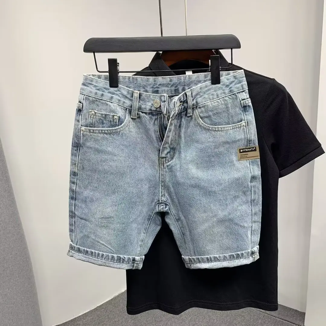 Vintage Japanese Men's Summer Solid Denim Shorts Light Blue Loose Straight Five Points Jeans Shorts