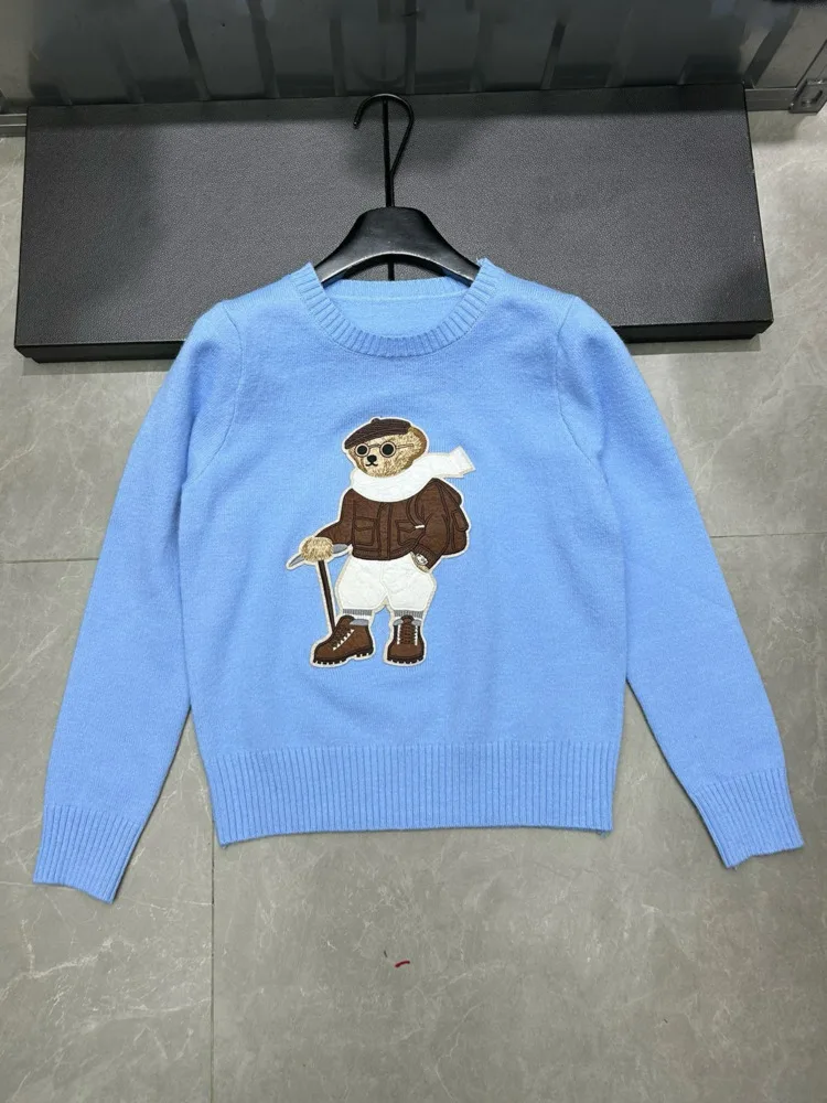 

2025 Autumn Winter New Fashion Casual Bear Embroidery Round Neck Pullover Knitted Long Sleeve Loose Sweater Tops Pull Femme