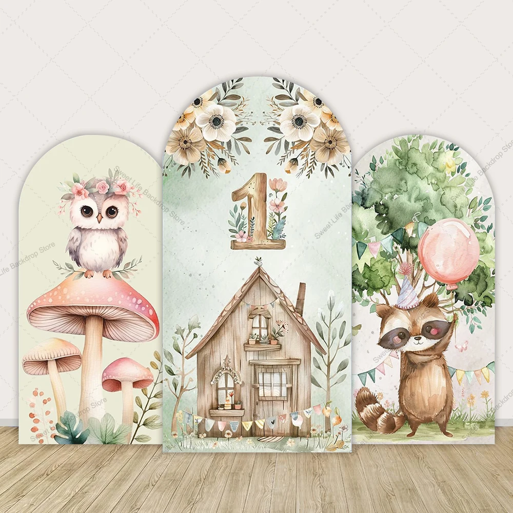 

Cartoon Wood House Arch Backdrop Cover Cute Animals Baby 1st Birthday Arch Background Decoration