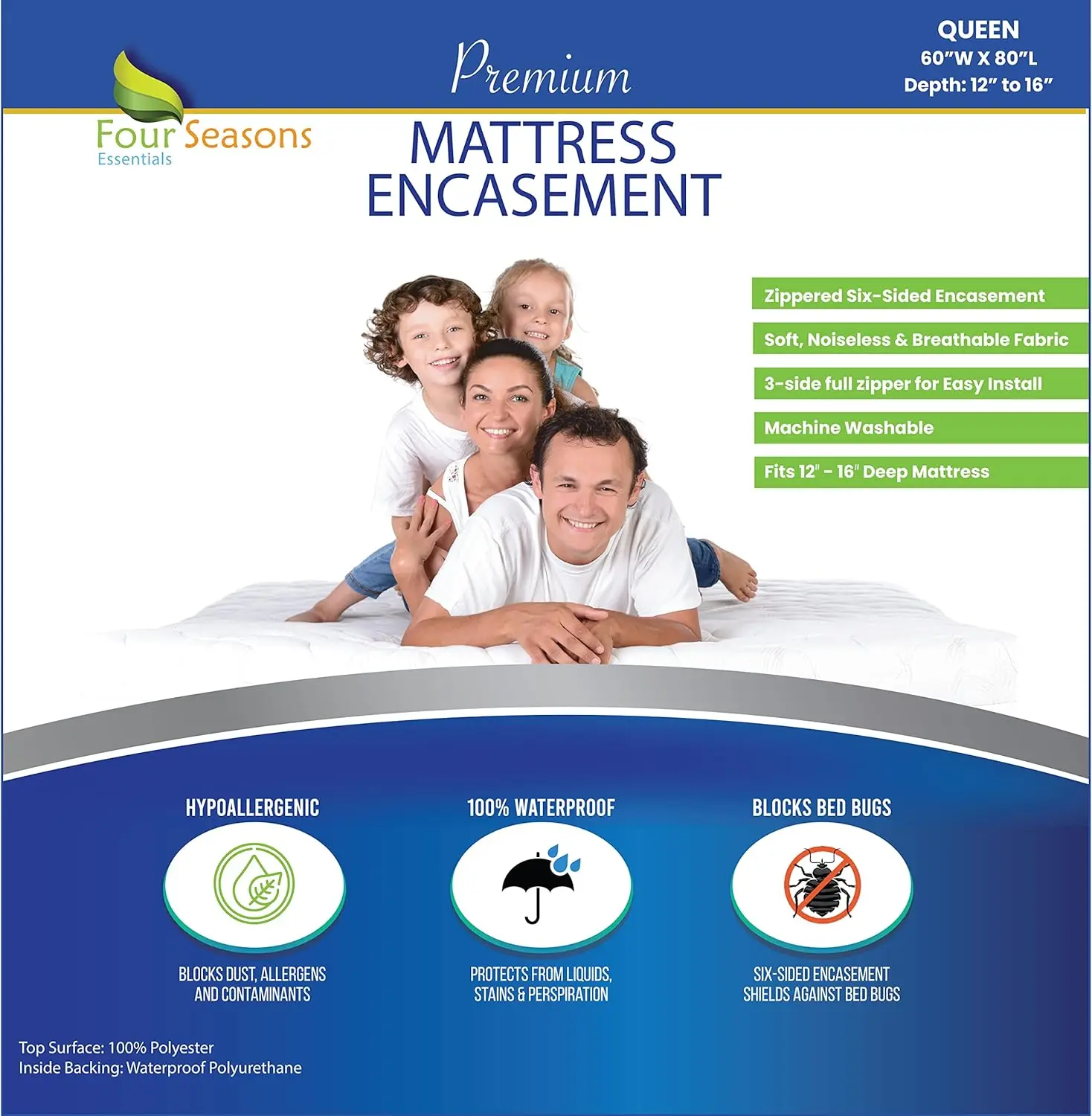 

Queen Mattress Protector - Zippered Bedbug Waterproof Mattress Cover, Premium Quality Hypoallergenic Bed Encasement White