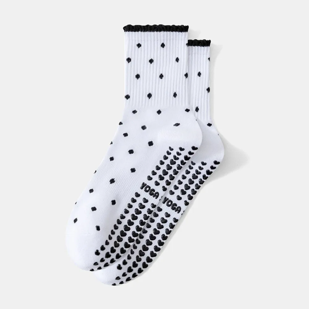 Cotton Yoga Socks Polka Dot Pattern Non Slip Grip Non Slip Socks Ruffled Trim Athletic Grip Socks Women Exercise