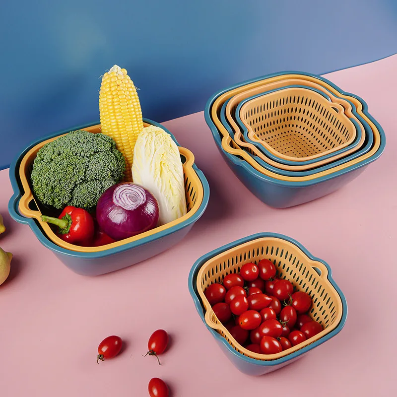 

6-piece set Thickened double-layer drainage basket set of six pieces, plastic vegetable basket, vegetable basin, household kitch