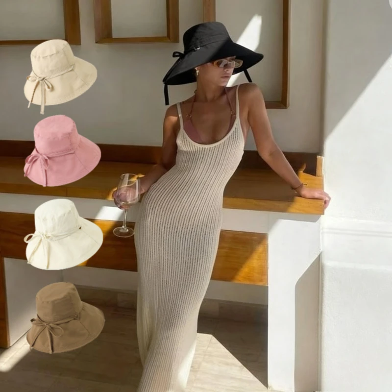 1pc Women Sunscreen Fisherman Hat with Lace-up Bowknot,Large Brim Summer Anti-UV Strap Bucket Caps Travel Beach Basin Caps