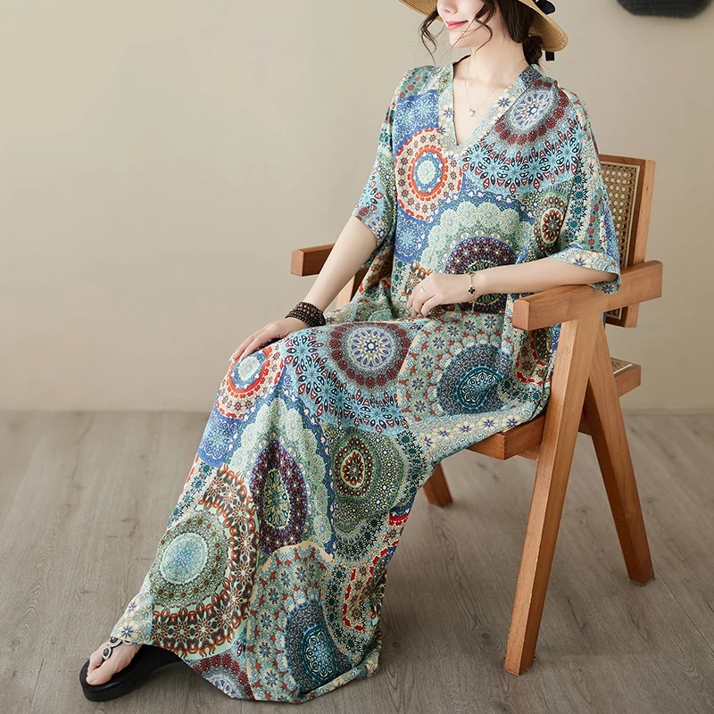 Letnia jedwabna długa spódnica plażowa z dekoltem w serek, luźna, plus size, maskująca niedoskonałości, słodka, z elastyczną talią, rękawami typu nietoperz.