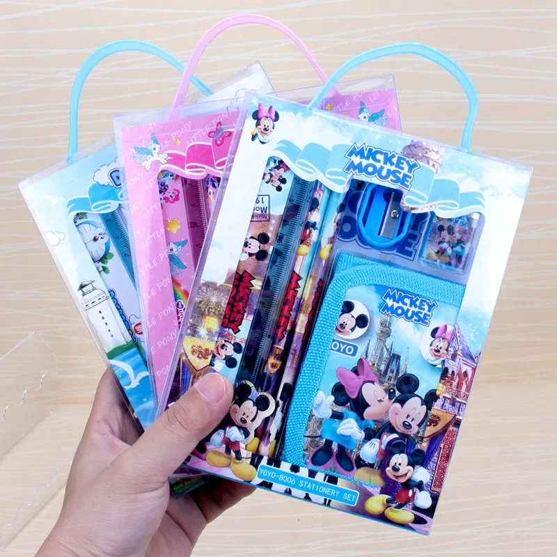 

New Disney Wallet Stationery Set Cartoon Anime Ruler Pencil Eraser Pencils Sharpener Notebook Gift Box Kids Back To School Gifts