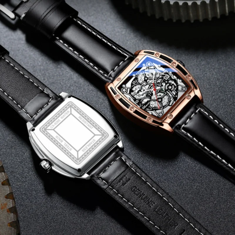 CHENghts-Montre à Quartz pour Homme d'Affaires, Cadran Tonneau Calendrier, Étanche, Bracelet en Cuir, Décontracté, 8265