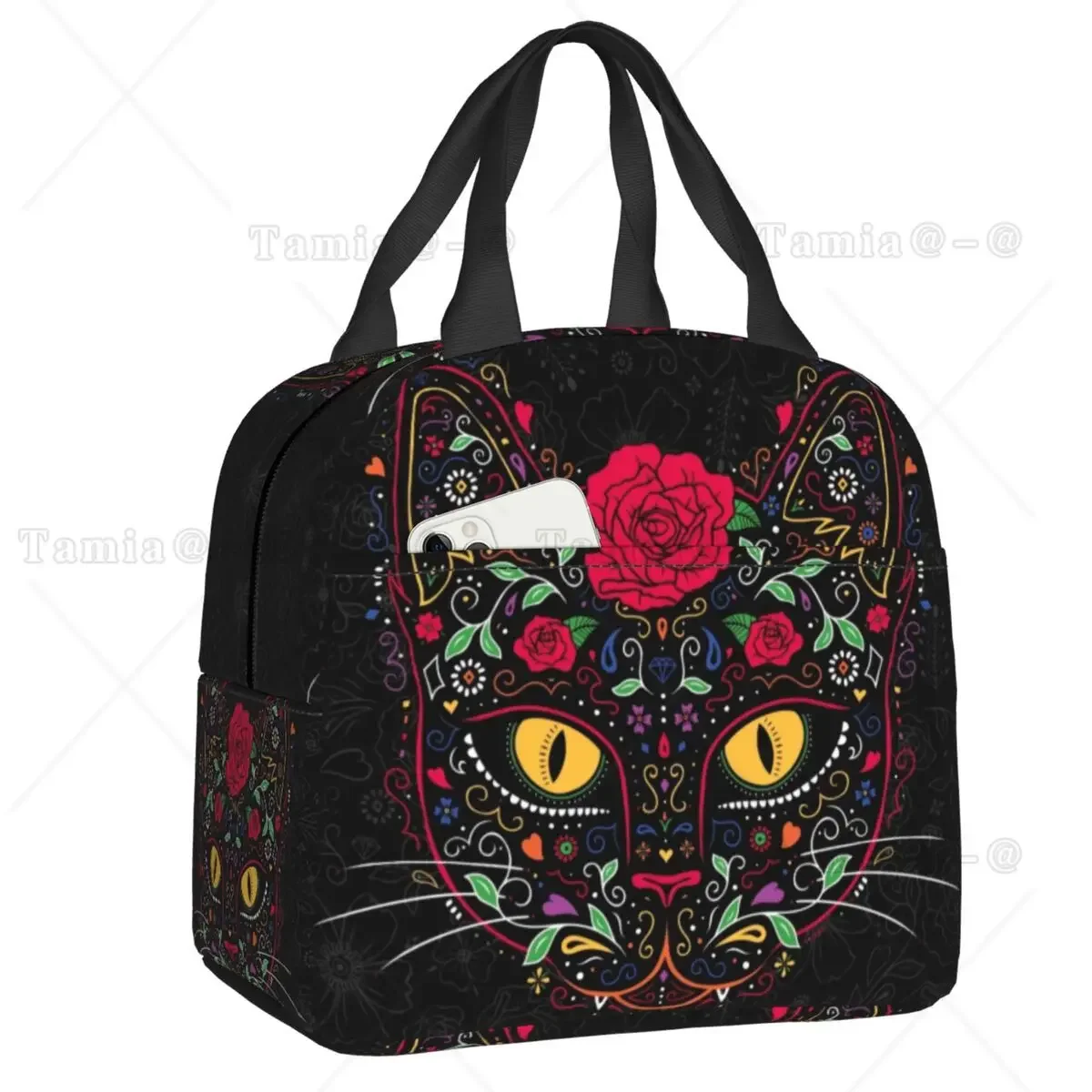 Day Of The Dead Kitten Cat Sugar Skull Lunch Box Multifunction Mexican Halloween Floral Thermal Cooler Food Insulated Lunch Bag