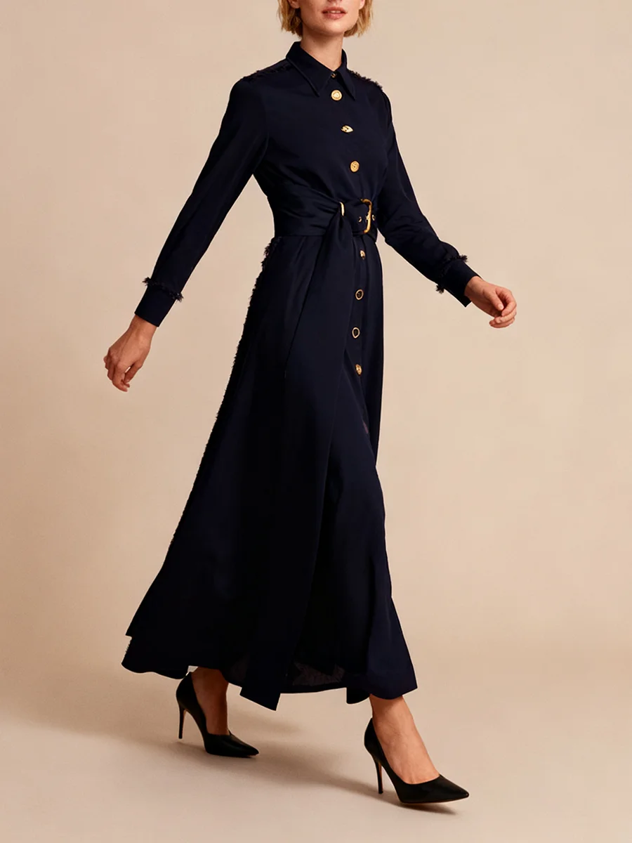 فستان VGH أنيق بحزام مقسم للنساء طية صدر السترة وأكمام طويلة مرقعة بإبزيم معدني على شكل حرف A لحفلات العشاء فساتين متوسطة الطول للسيدات جديد #4