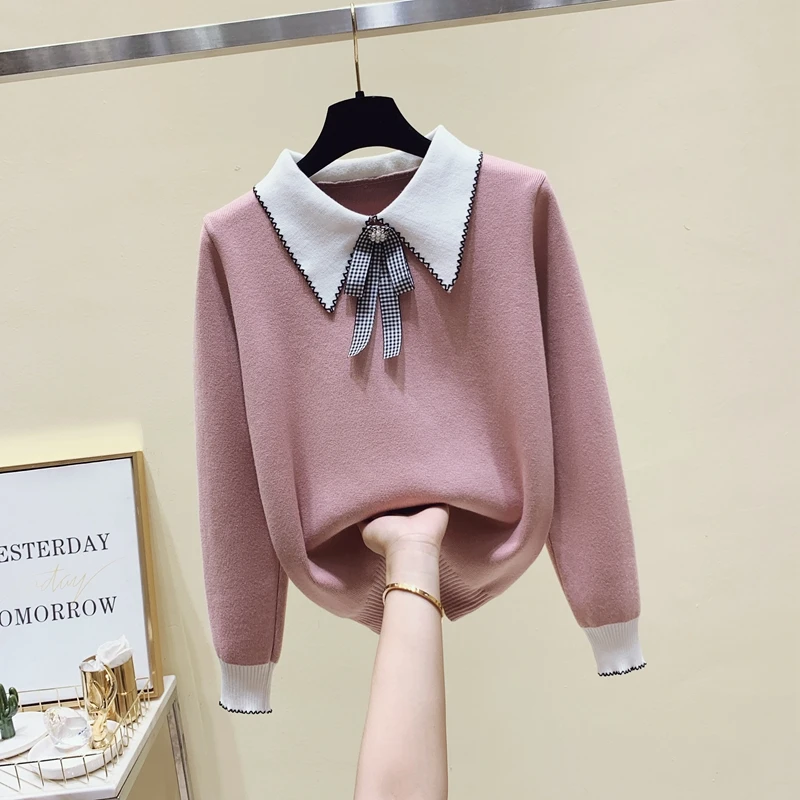 

Bow Neck Knitted Women Sweater Pullovers Autumn Winter Sweet Style Pink Long-Sleeved Elegant Female Clothing Pulls Tops