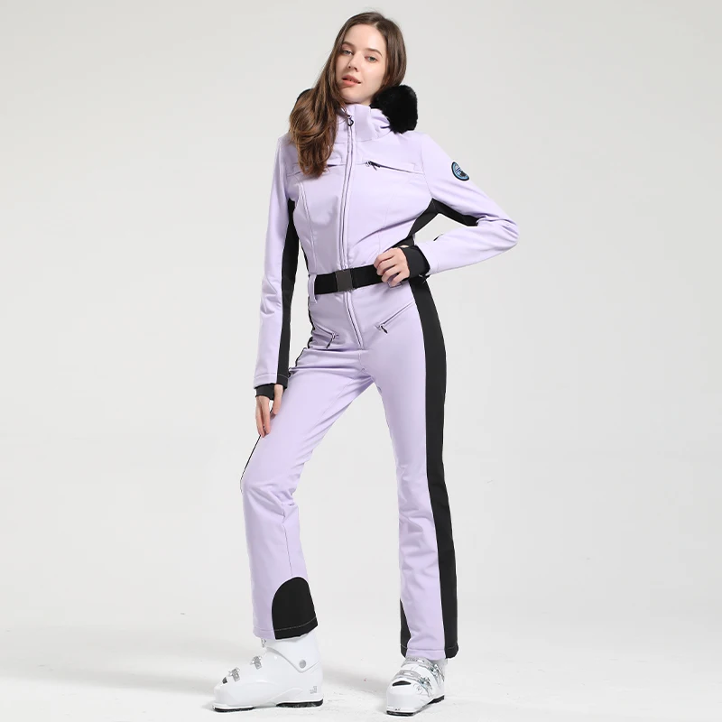 

Women One-piece Ski Suit Zipper Jumpsuit Long Sleeved Solid Color Waistband Warm Jacket New Fashion Winter Ski Sportswear