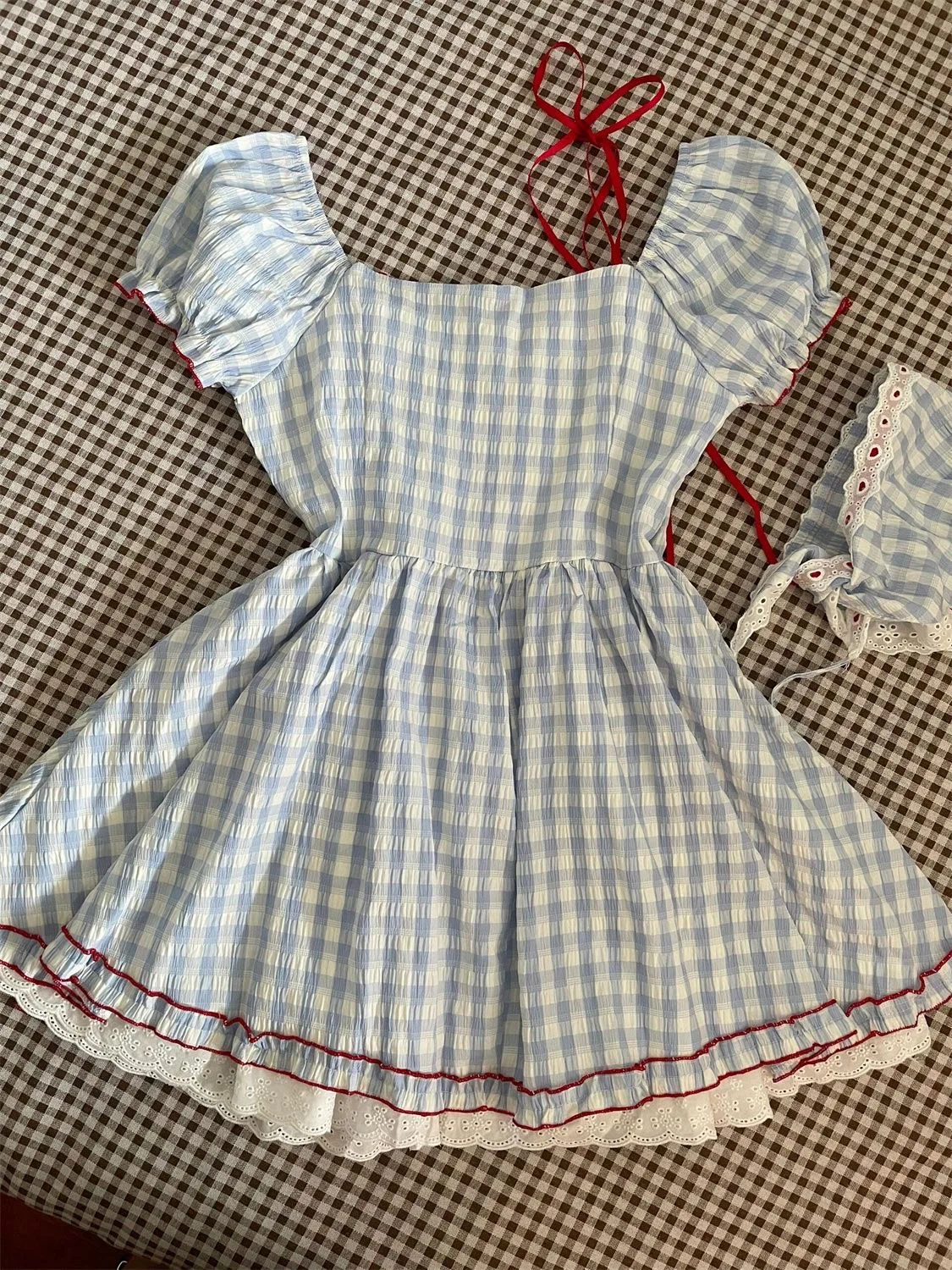 Japanese Kawaii Sweet Short Party Dress Women Sleeve Y2k Vintage Plaid Mini Dress Female Elegant Chic Lolita Clothing Outfits