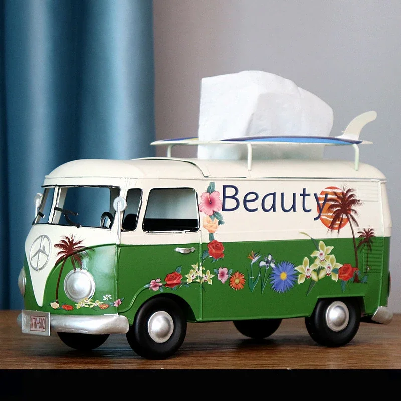 Bus Tissue Box Model Figurines Retro Car Tissue Dustproof Tissue Storage Box For Office Home Decoration Paper For Storage