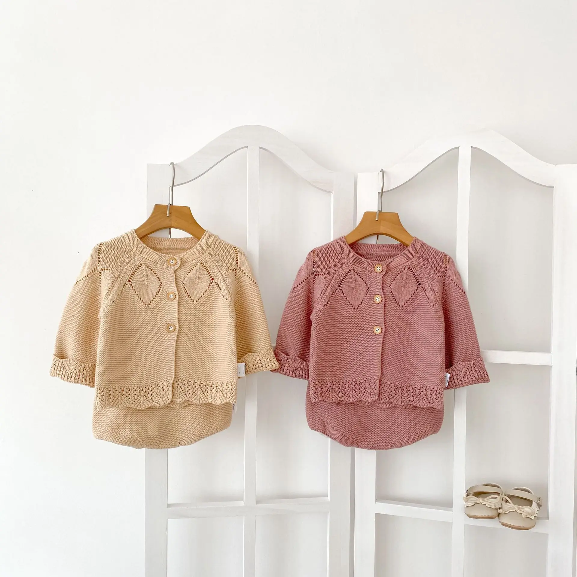 Spring and Autumn Baby Knitted Set with Perforated Woolen Coat and Puff Pants