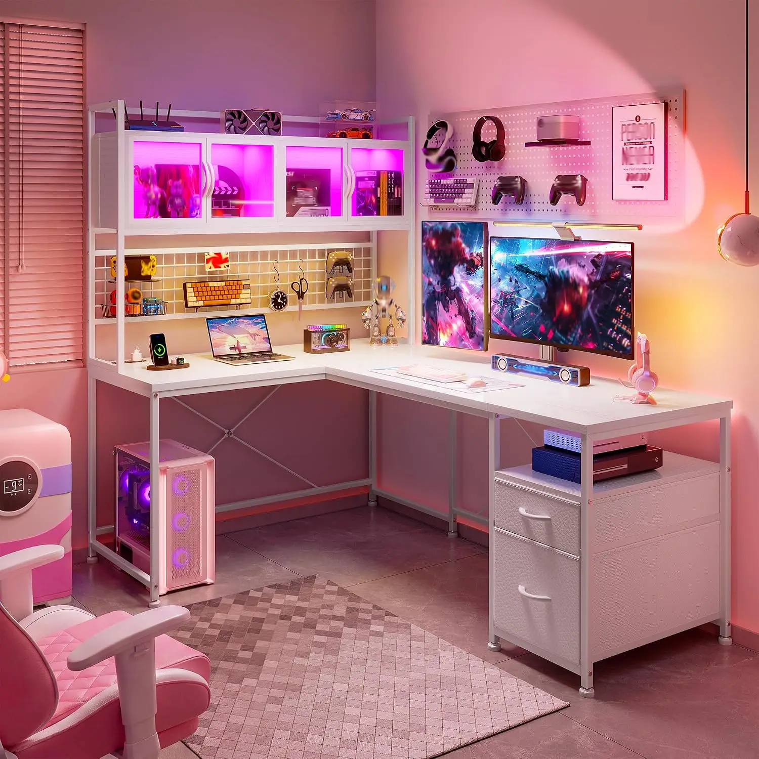 67" L-Shaped Gaming Desk for Dual Monitors with Deep Drawers, Grid Pegboard, RGB Display Cabinet & Extra Storage, White