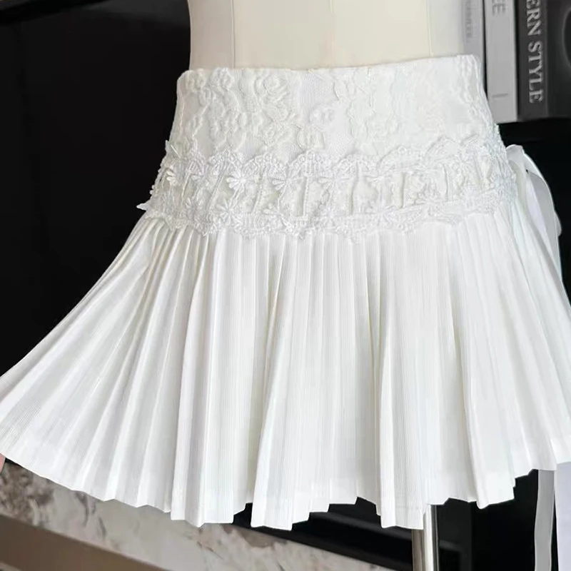 Lace Patchwork Pleated Skirts Women Spring New High Waist A Line Mini Skirt Korea Fashion All Match White Bandage Female Skirt