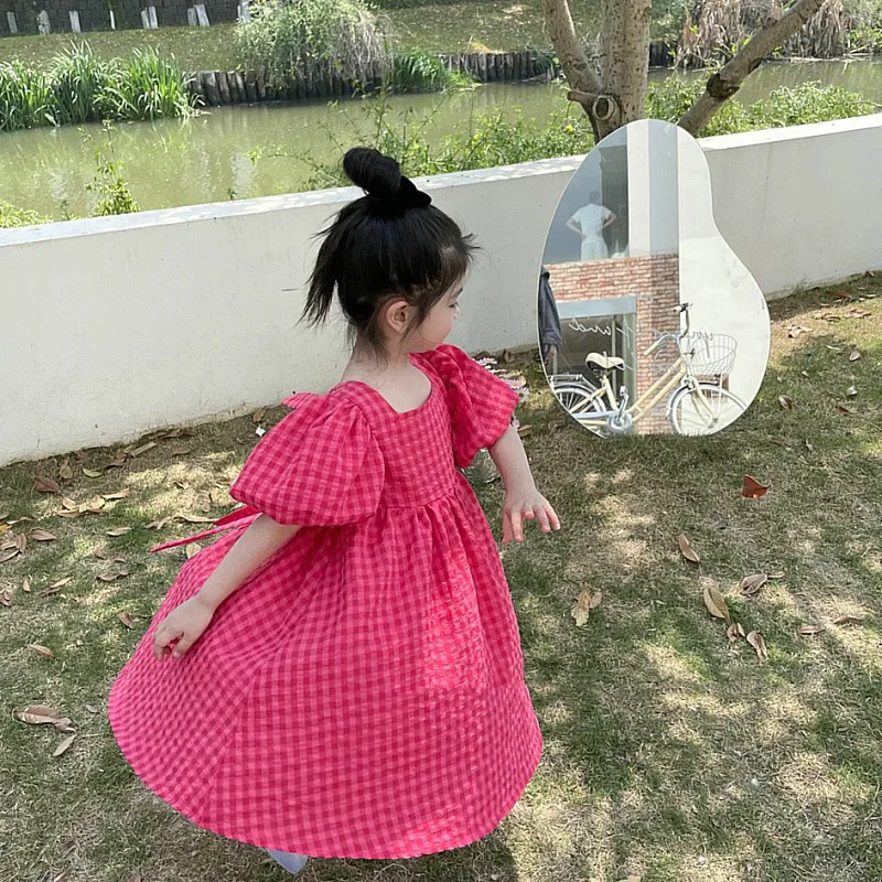 Girls' Dress For Girls Red Puff Sleeve Plaid Lace-up Dress Princess Dress Summer New Children's Clothing 2-6Years 2026