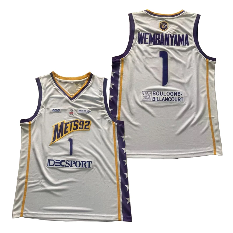 Mete 92 1 Wembanyama Basketball Jersey Outdoor Sportswear Hip Hop Culture Sweat Absorption Big Size Embroidery Sewing