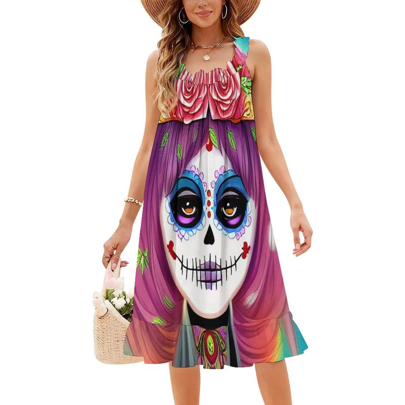 فستان بوهيمي بدون أكمام من Day Of The Dead-Rose Crown متعدد الطباعة لحفلات عطلة الشاطئ فستان السيد يوم الموتى غريب فريد ضياء #4