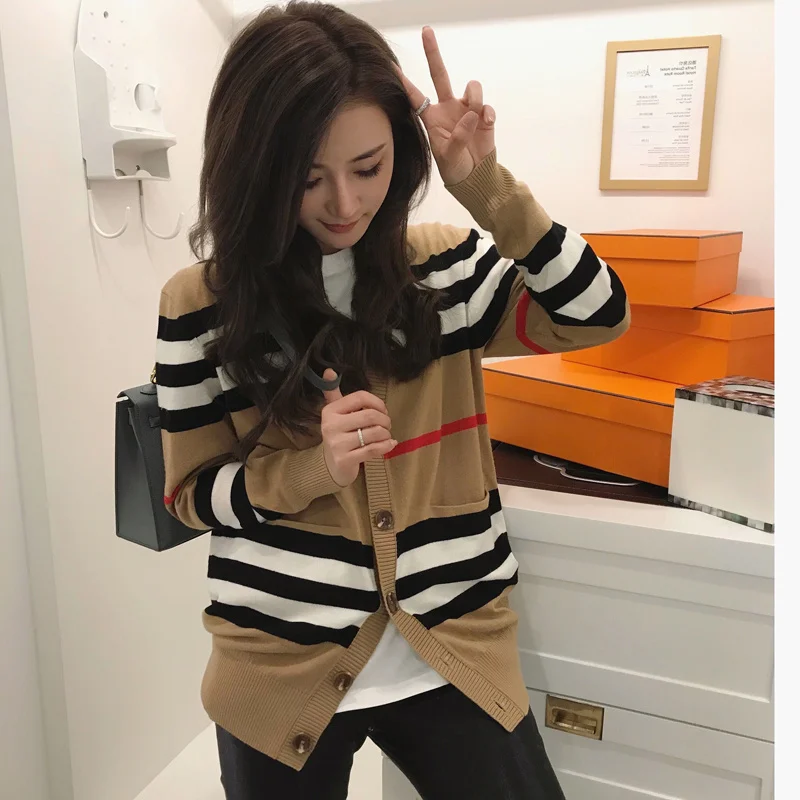 

women's Women's cashmere cardigan mid-length knitted jacket V-neck loose striped sweater thin ladies trench coat
