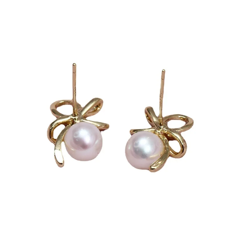 E084 Gold Plated Copper S925 Sterling Silver Needle Bow Wrap Pearl Stud Earrings Findings Jewelry Making DIY Jewelry Accessories