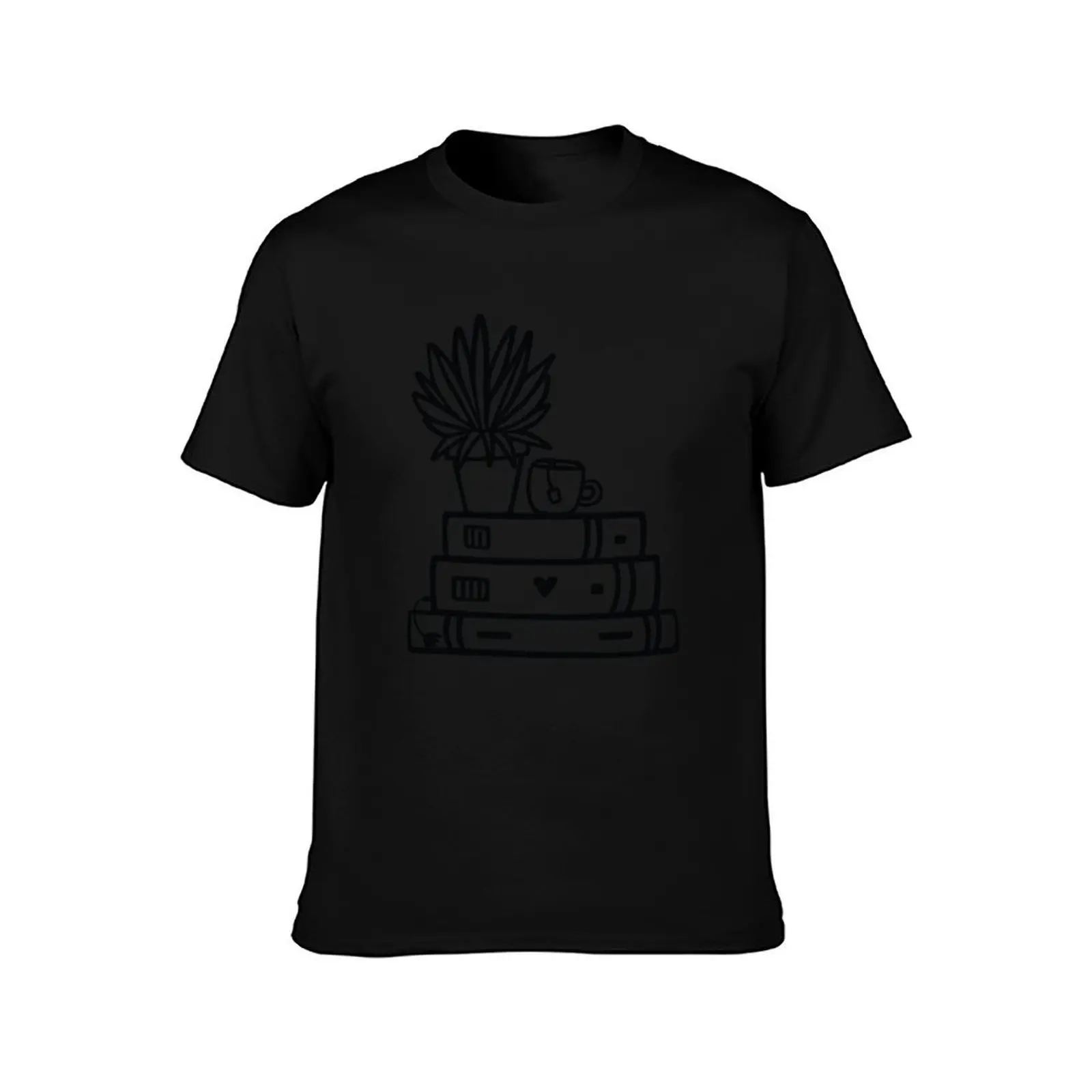 Books, Tea Cup, Plant T-Shirt Simple Solid Color Crew Neck Tee