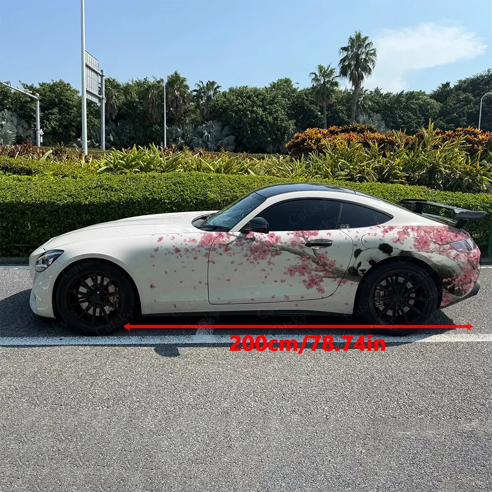 2pcs Pink Cherry Blossom Panda Car Side Wraps, Self-Adhesive PVC Waterproof & Scratch-Resistant Stickers, Car Accessory Gift