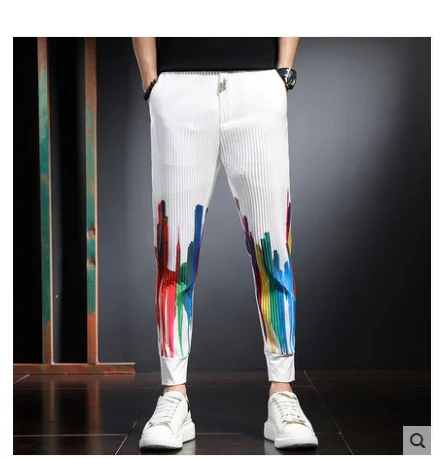 

HOT SELLING Miyake fold Printed ice silk casual pants men's colorful color leggings casual pants summer thin IN STOCK