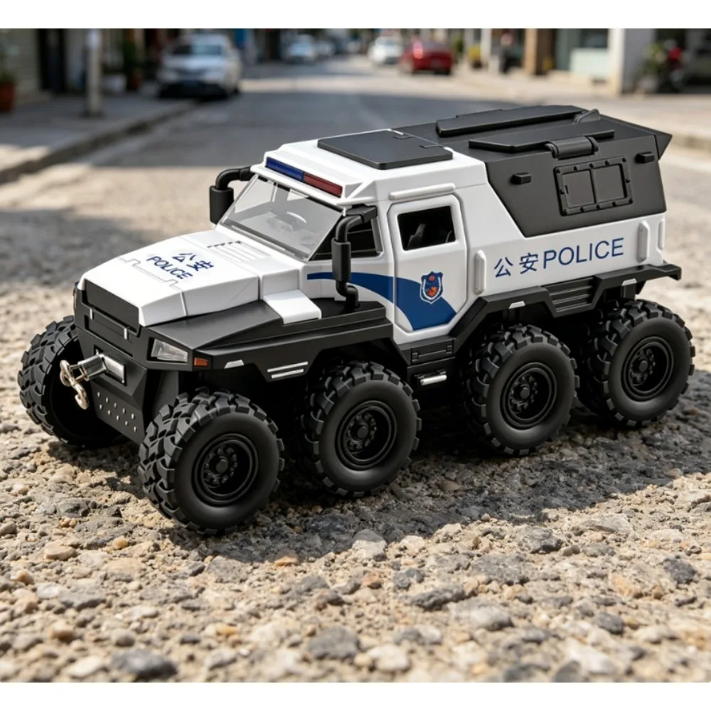 Modèle de voiture de police militaire Conqueror à 8 roues, échelle 1:32, en alliage moulé sous pression, jouet à rétrofriction avec son et lumière pour enfants