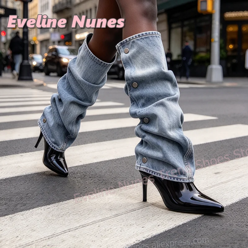 Women Denim Sleeve Knee High Boots Pointed Toe Stiletto Heel Black Leather Booties Removable Jean Cover Fashion Party Shoes 2026