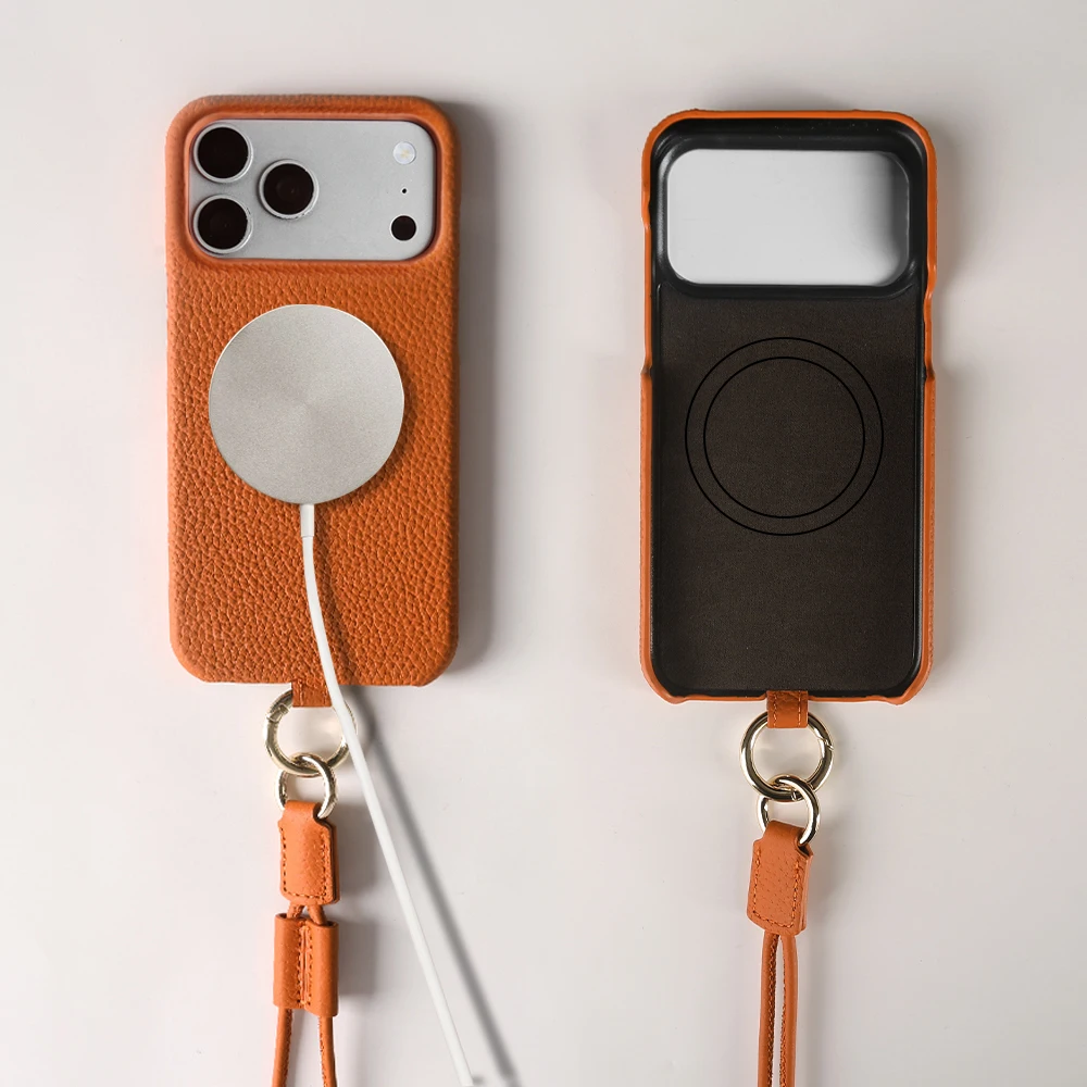

Litchi Genuine Leather Case with Lanyard For iPhone 17 Pro Max 16 15 For Magsafe Magnetic Phone Cover Back Protect Shell Cover