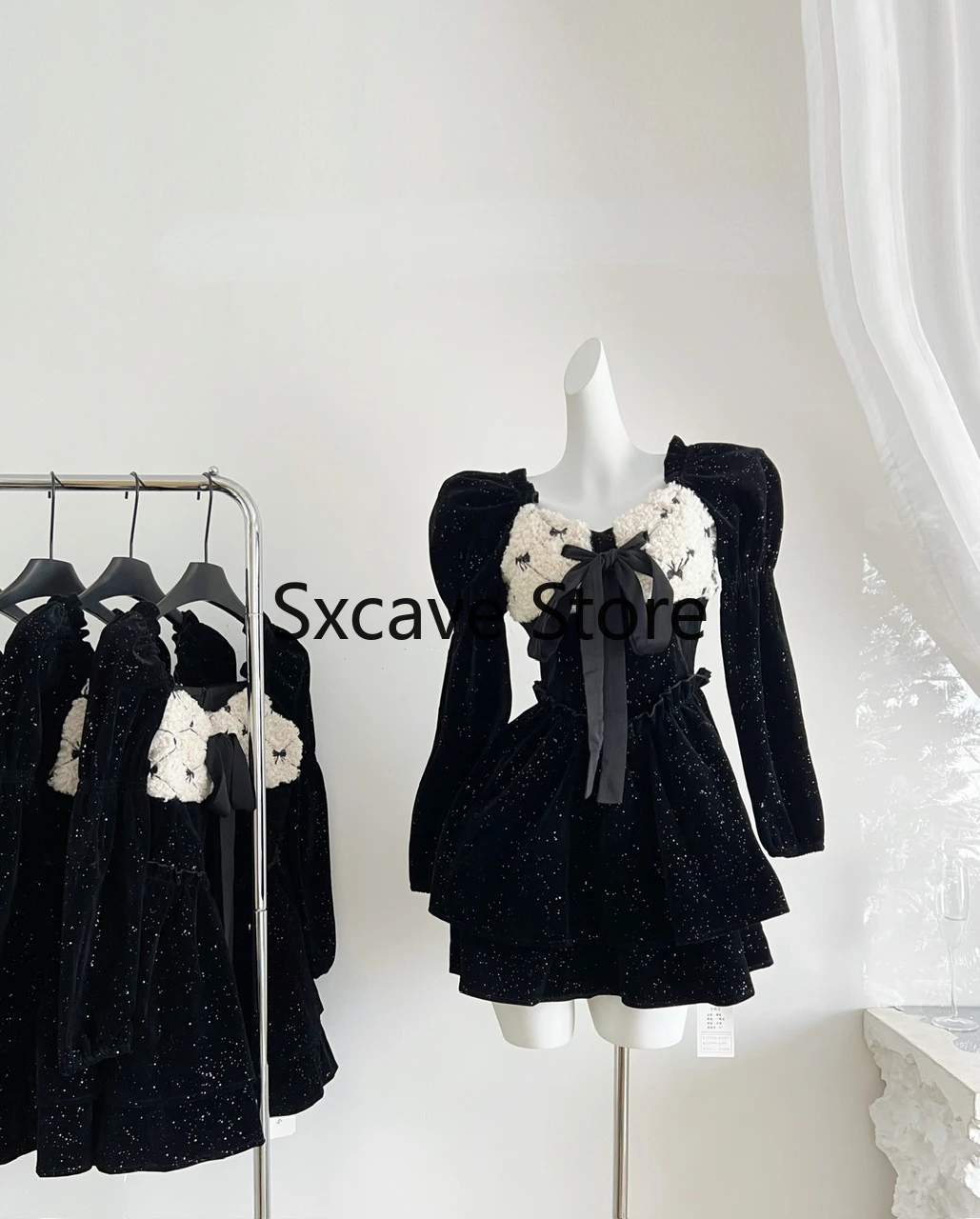 2023 Winter French Fashion Short Party Dress Women Casual Long Sleeve Elegant Sweet Black Velvet Dress One Piece Dress Korean