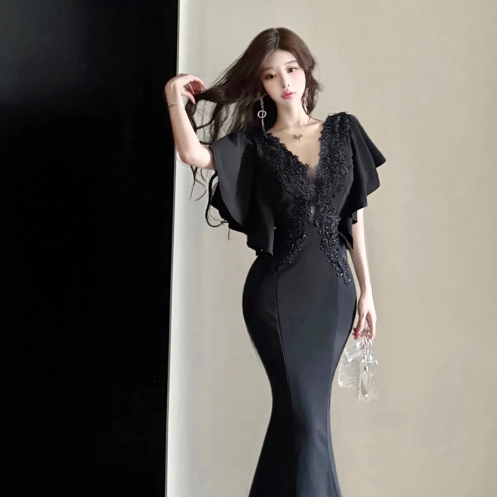 2025 francese elegante leggero lusso elegante abito da sera lungo donna backless scollo a V sexy abito sottile chic abbigliamento formale per occasioni