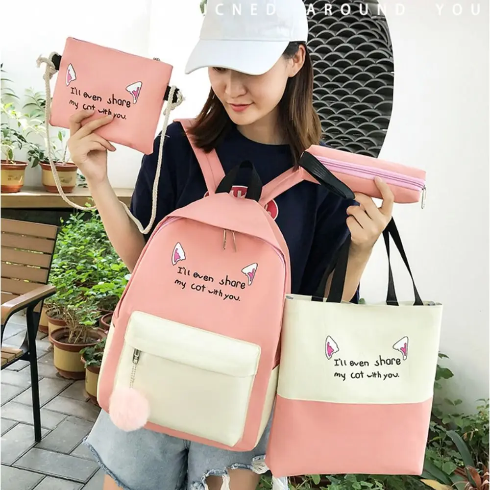 4PCS Durable Canvas Canvas Schoolbag Set Yellow Green Black Pink Large Capacity Women Backpack Set Messenger Bag