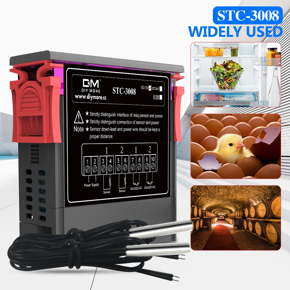 Controlador de Temperatura Digital dupla, termorregulador, termostato, aquecedor, refrigerador, dois relé de saída, 12V, 24V, 220V, STC3008