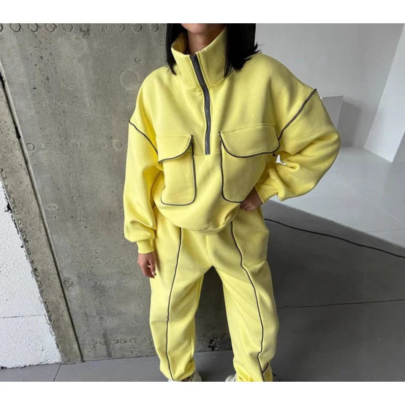 

2025 Autumn European American Women's Fashion Sports Half-Open Collar Casual Long Sleeve Cardigan and Pants Two-Piece