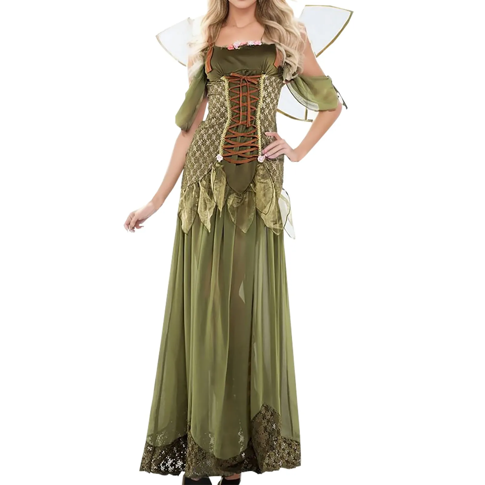 Disfraz de Halloween para mujer, tocado con alas de bosque verde encantador, conjunto de disfraz de Ángel, elfo, Hada de las flores, disfraz de actuación, vestido de fiesta