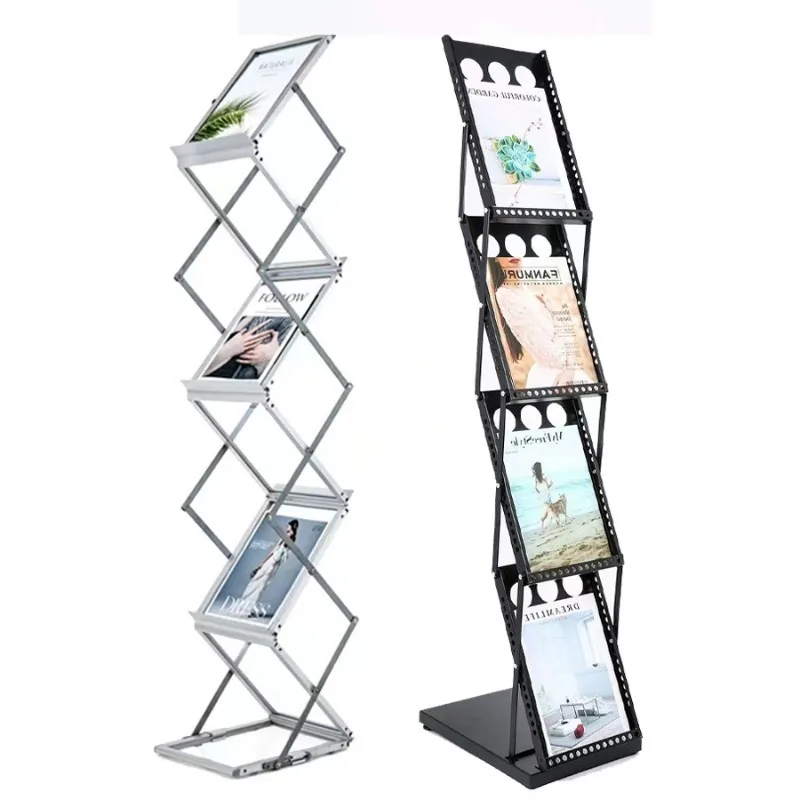 

Custom Black Silver Iron Aluminum Alloy A4 Folding Display Rack Magazine Poster Stand Book Shelf