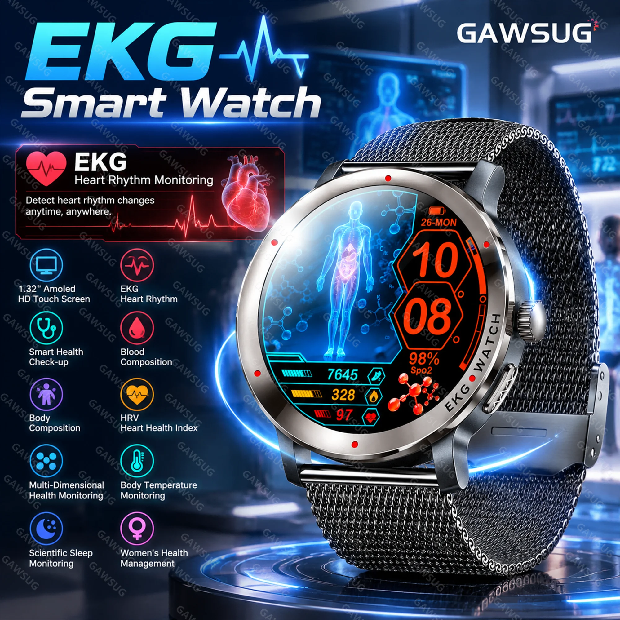 ECG Smart Watch Men Blood Pressure Uric Acid Lipid Body Fat BMI HRV SpO2 Family Care Fitness Tracker G band Smartwatch