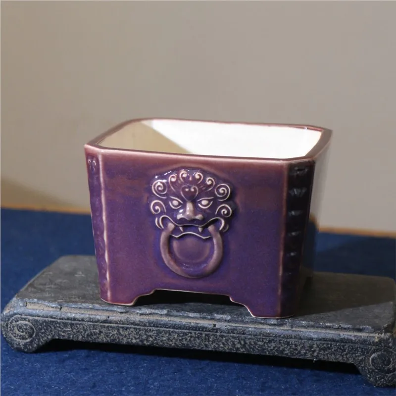 Purple Antique Purple Clay Flower Pot Ceramic Bonsai Pot Handmade Flower Pot Animal Face Ancient Door Panel Embossed Flower Pot