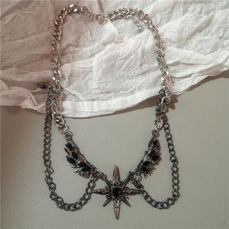 Punk Gothic Flügel Schwarz Stern Anhänger Silber Farbe Kette Halskette Für Frauen Männer Einzigartige Personalisierte Straße Zubehör Schmuck – Detail 3