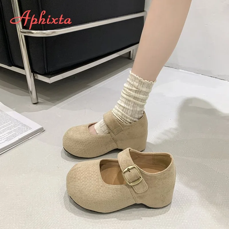Korean Style Women Mary Jane Flat Shoes Round Toe One Buckle Strap Invisible Elevator Casual Fashion Ladies Ballet Single Shoes