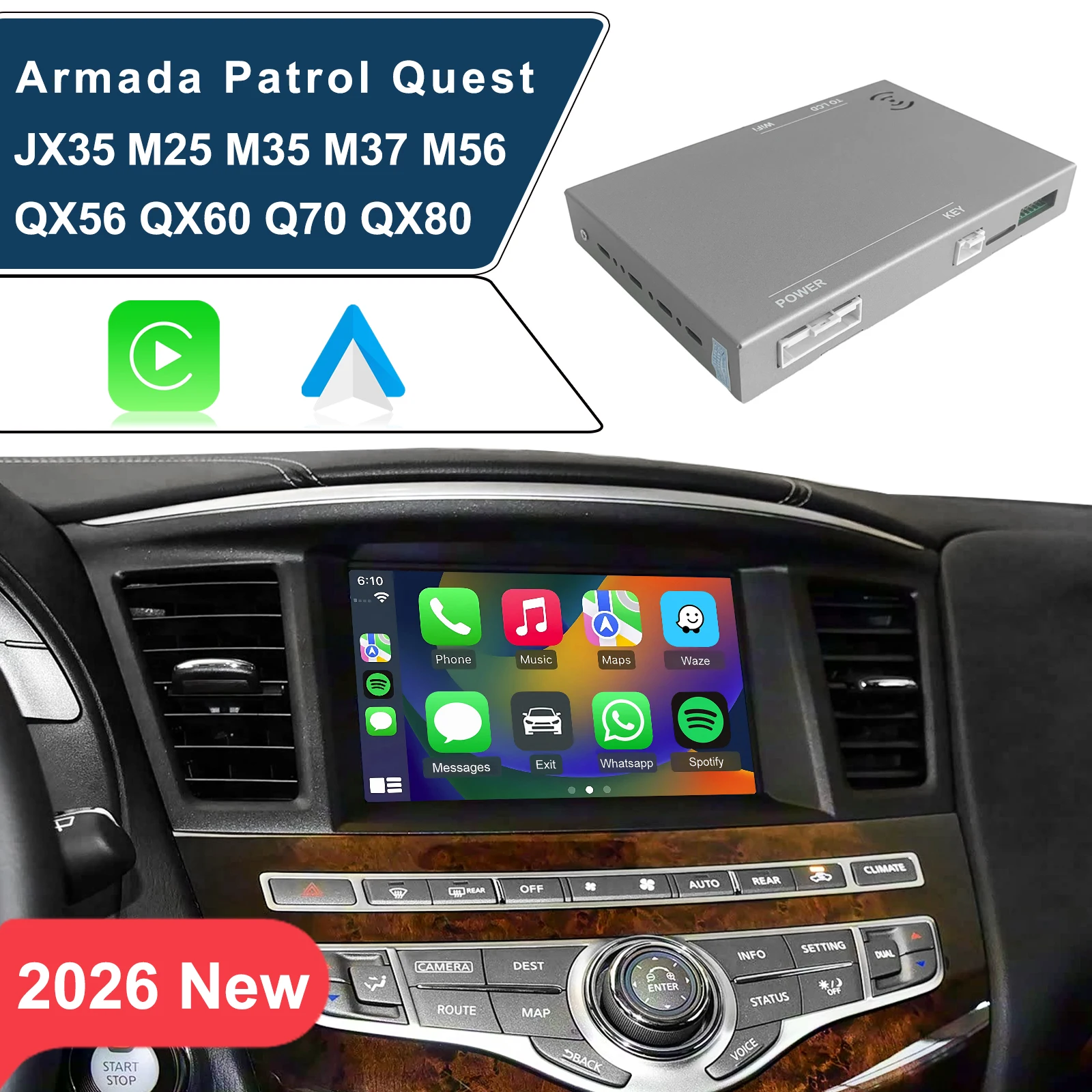 

Wireless CarPlay & Android Auto Interface for Infiniti JX35 M25 M35 M37 M56 Q70 QX56 QX60 QX80 Nissan Armada Patrol Quest