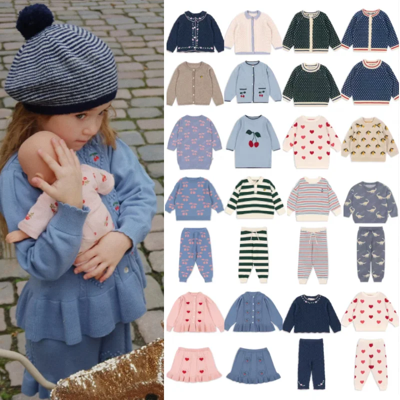 

Children's Sweater 2025 Autumn New Printed Fashion Girls' Knitted Cardigan Pure Cotton Cute Dress Collar Striped Baby Sweater
